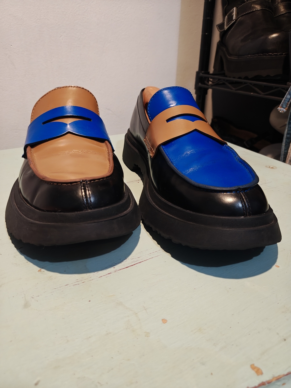 Camper Walden's Twins Black, Tan & Blue Leather Loafers